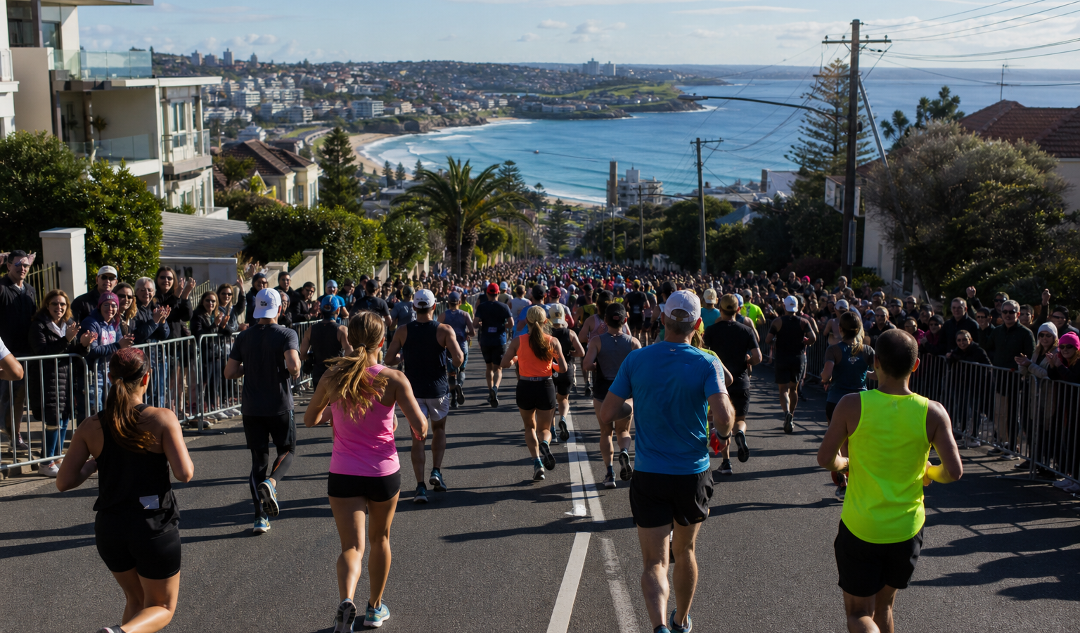 Runners descending an eastern Sydney road toward the coast during a large fun run