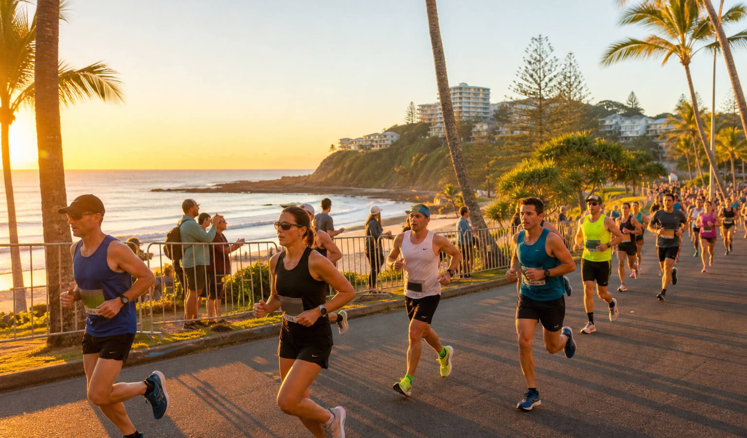 Marathon runners racing beside Alexandra Headland on the Sunshine Coast at sunrise