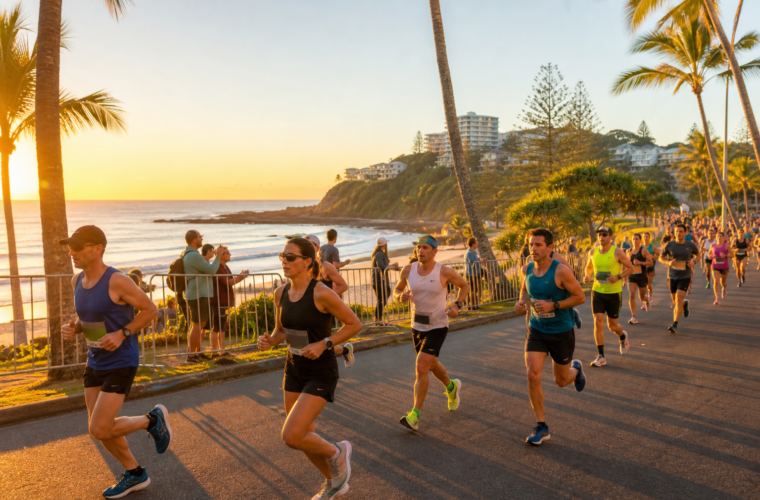 Marathon runners racing beside Alexandra Headland on the Sunshine Coast at sunrise