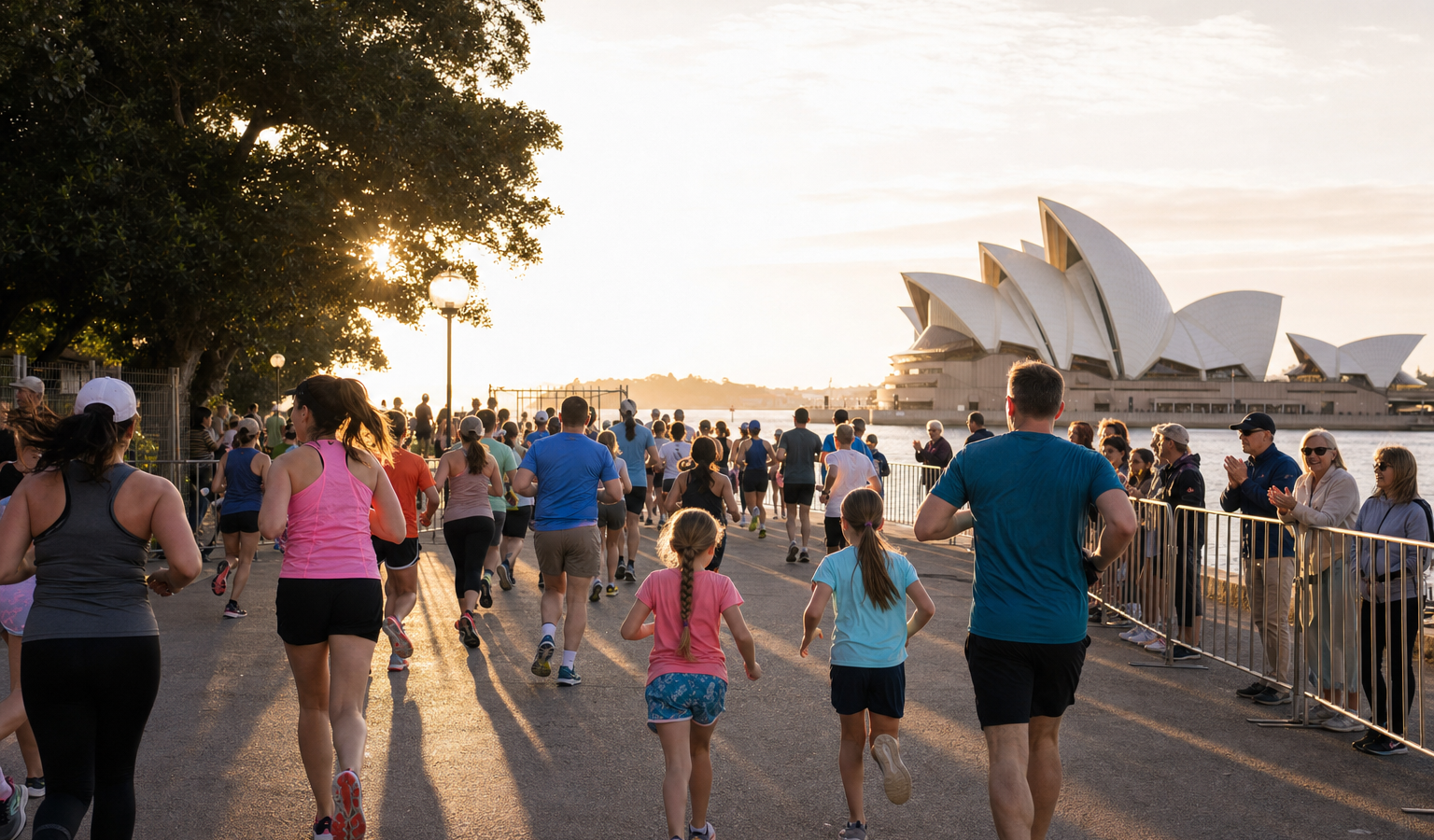 Families and recreational runners approaching the Sydney Opera House during a 5km fun run