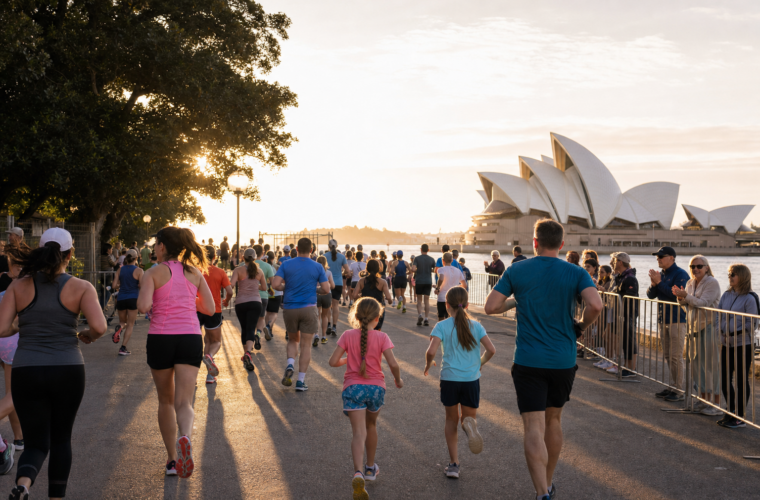 Families and recreational runners approaching the Sydney Opera House during a 5km fun run