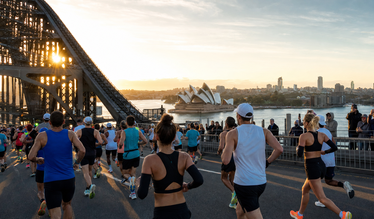 Marathon runners crossing the Sydney Harbour Bridge toward the Opera House at sunrise