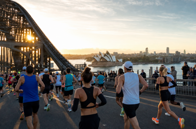 Marathon runners crossing the Sydney Harbour Bridge toward the Opera House at sunrise
