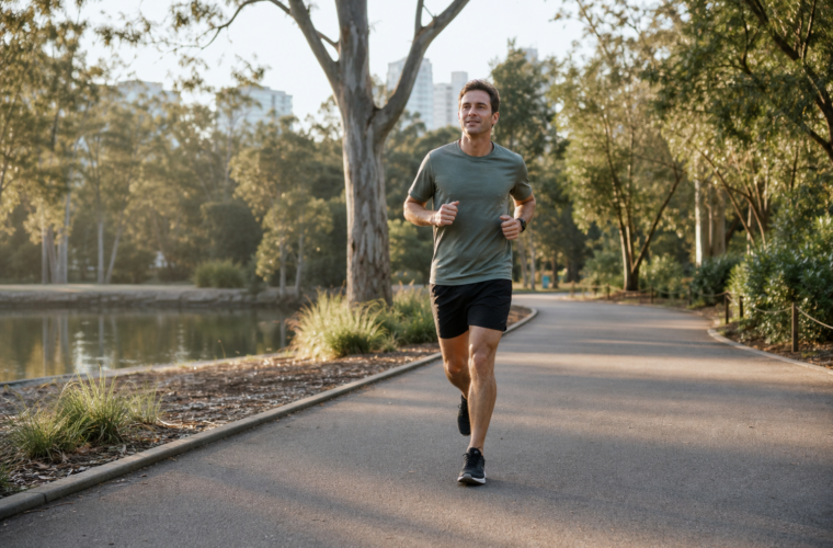 Runner completing a relaxed 10K race-week shakeout on a park path