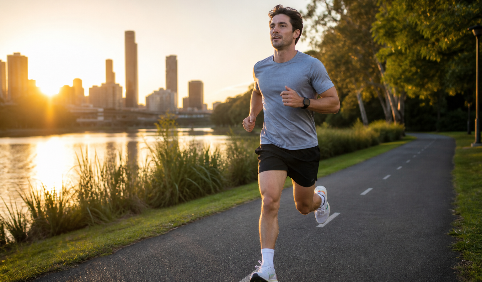 Runner completing a controlled tempo effort beside an Australian river at sunrise