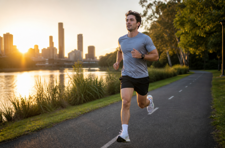 Runner completing a controlled tempo effort beside an Australian river at sunrise