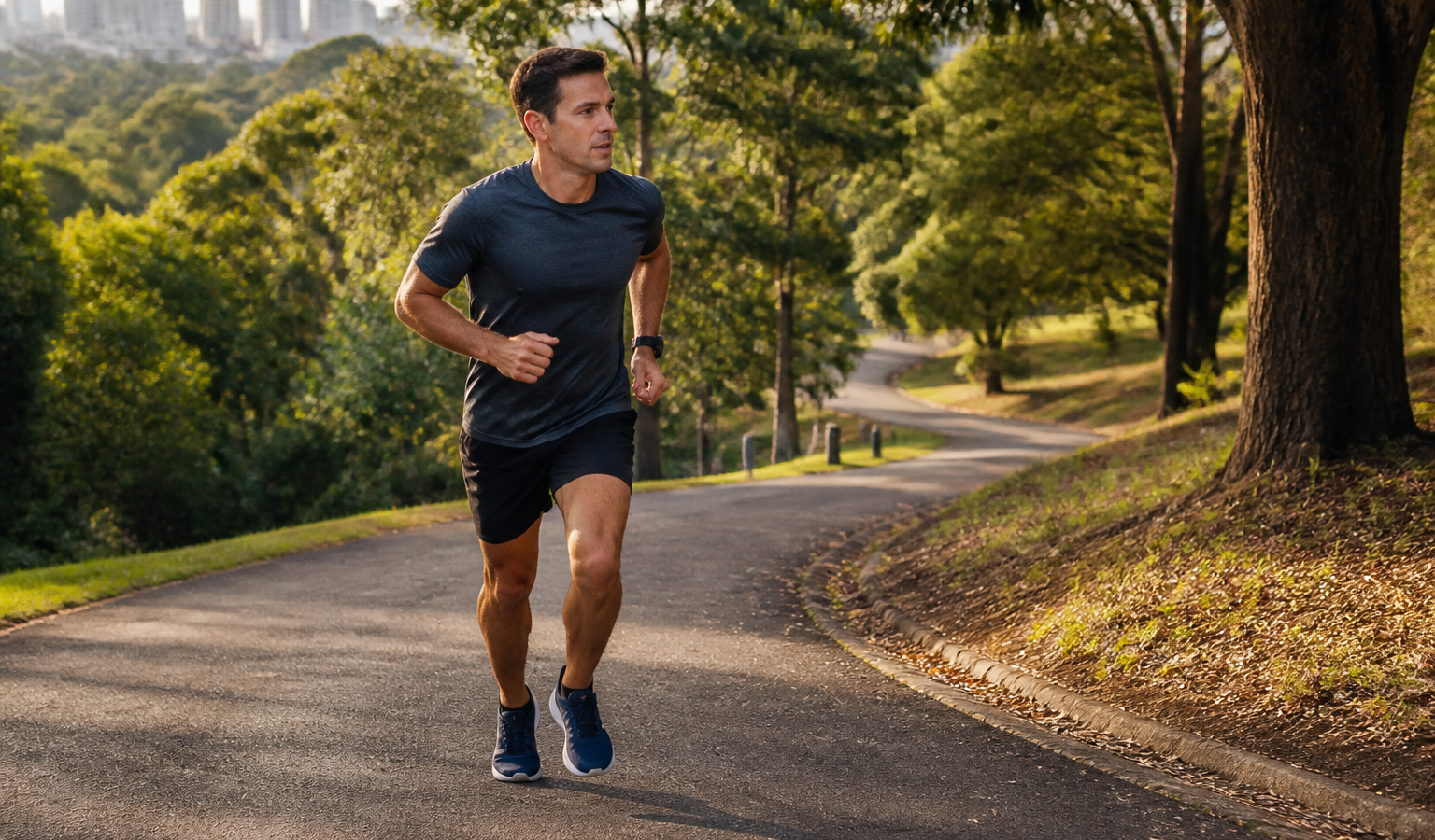 Runner completing a controlled uphill repetition on a leafy Australian park path