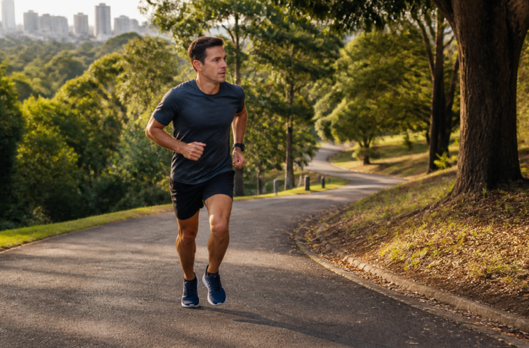 Runner completing a controlled uphill repetition on a leafy Australian park path
