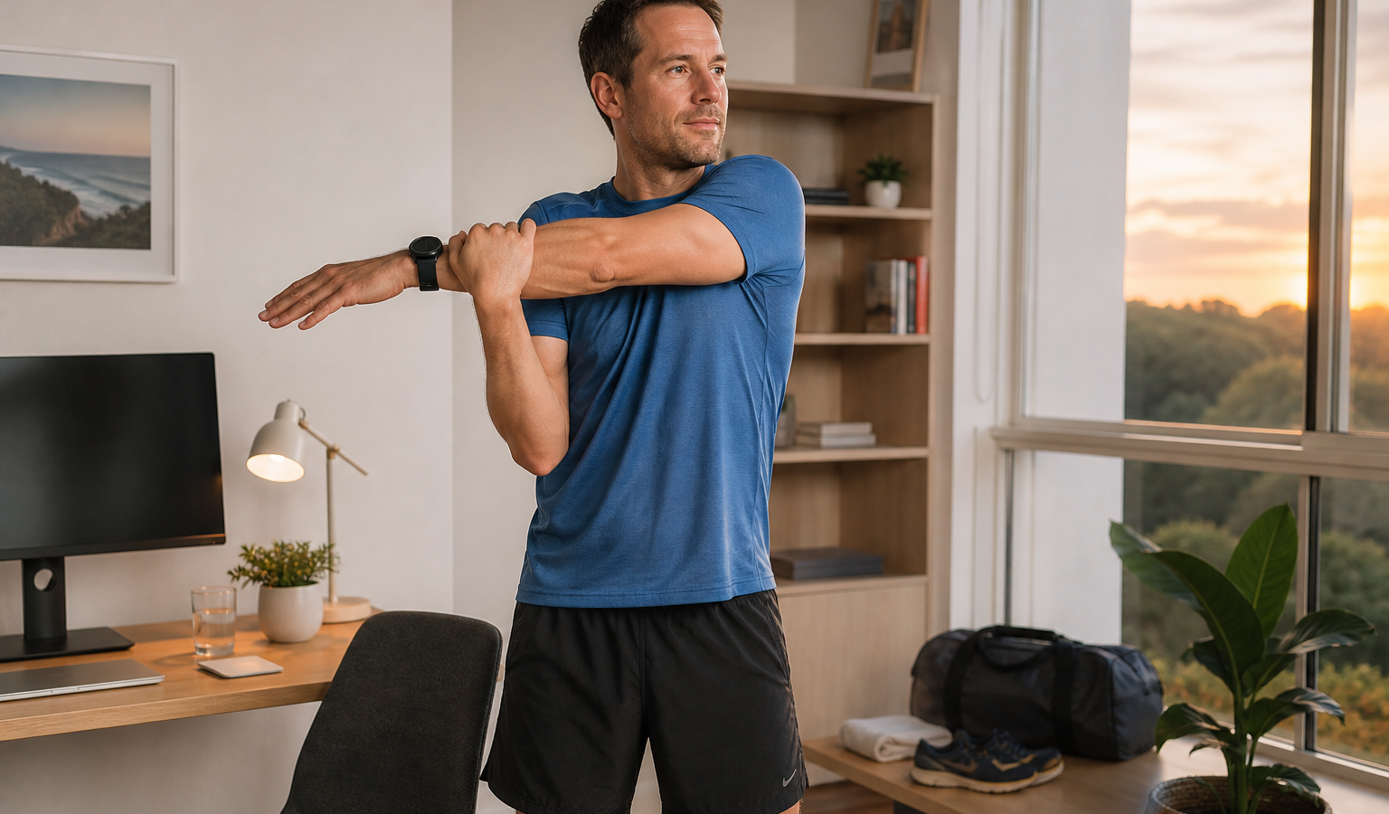 Runner performing gentle upper-back mobility beside a desk before an evening run