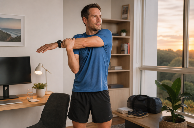 Runner performing gentle upper-back mobility beside a desk before an evening run