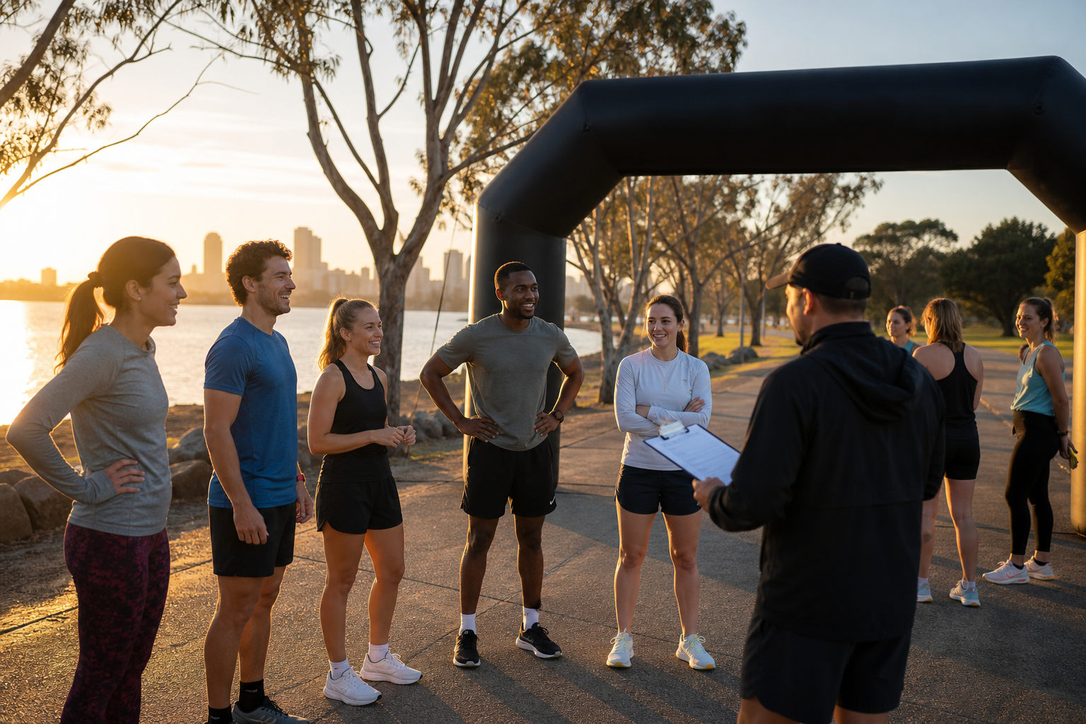 Australian runners gathering at a park start area at sunrise