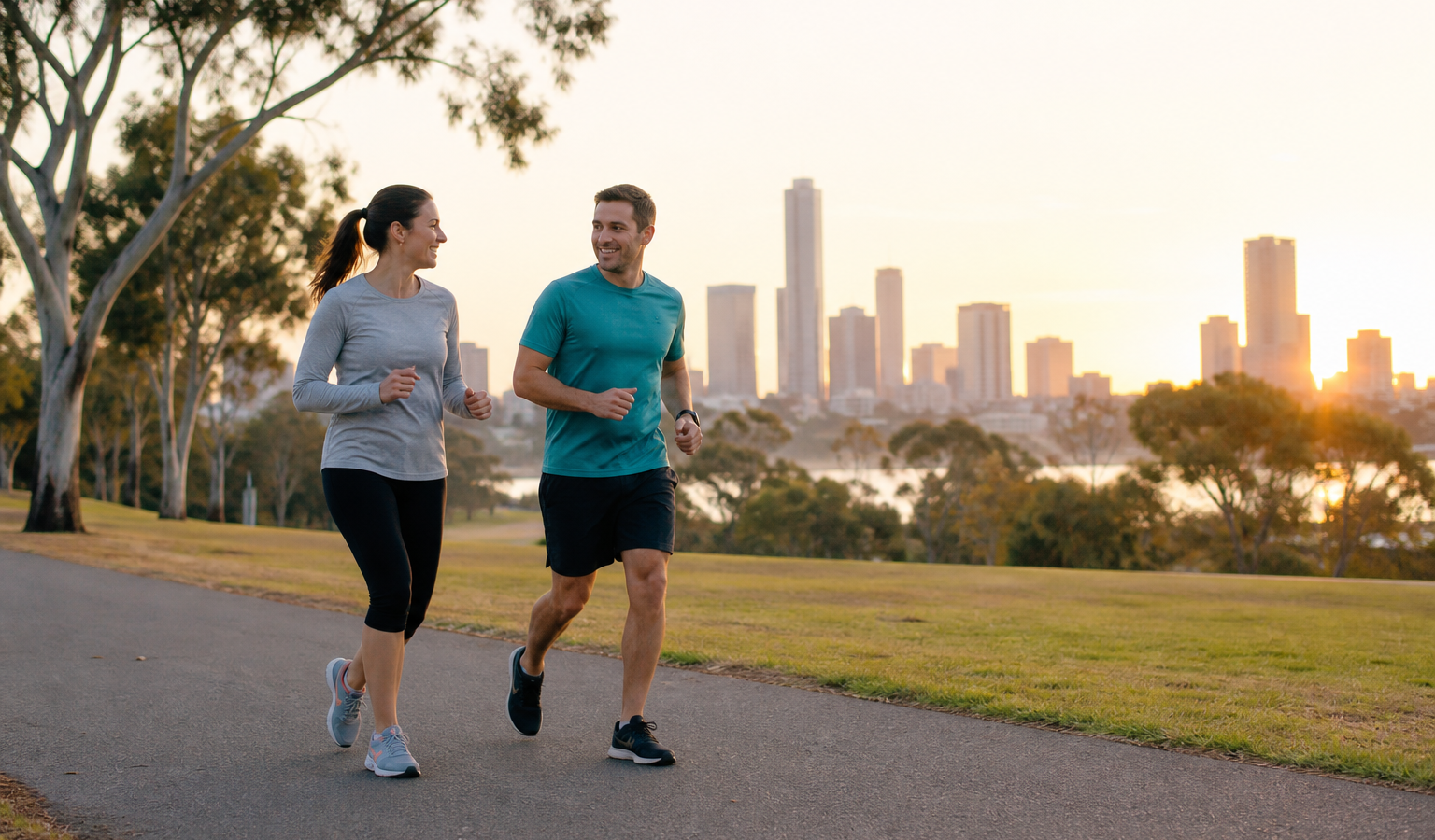 Two beginner runners moving at a conversational pace in an Australian park