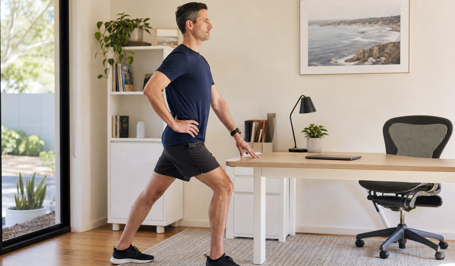 Runner taking a supported standing mobility break beside a home-office desk