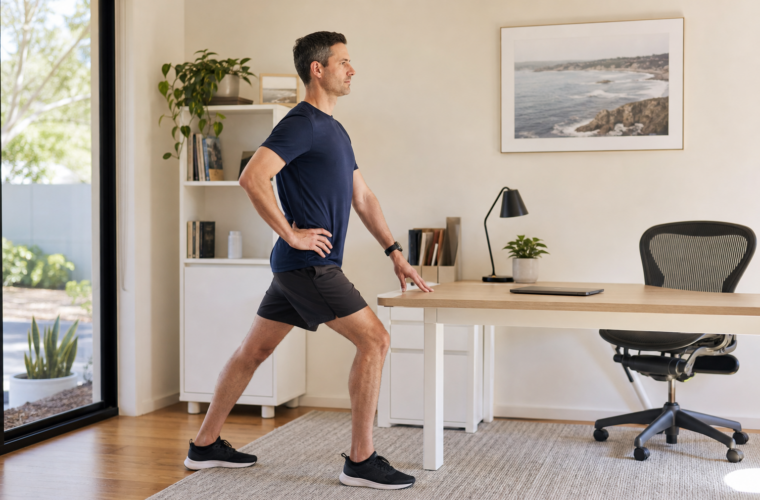 Runner taking a supported standing mobility break beside a home-office desk