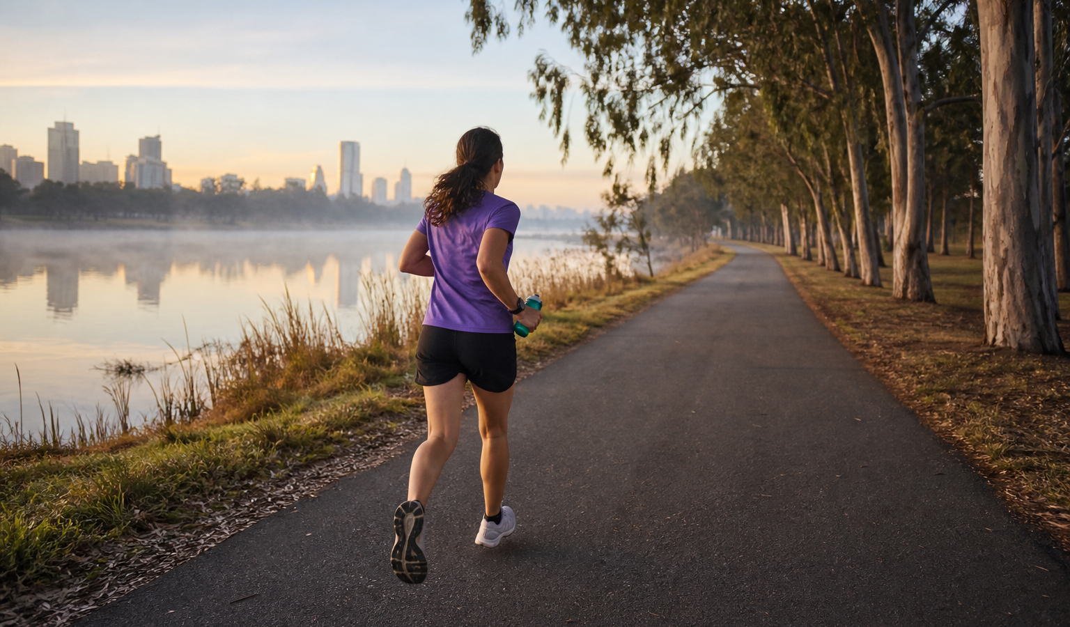 Runner completing a steady long run beside an Australian river at sunrise