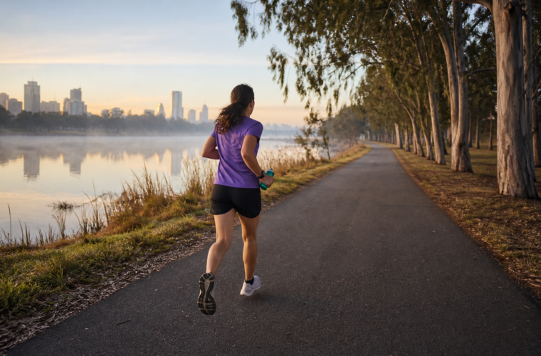 Runner completing a steady long run beside an Australian river at sunrise