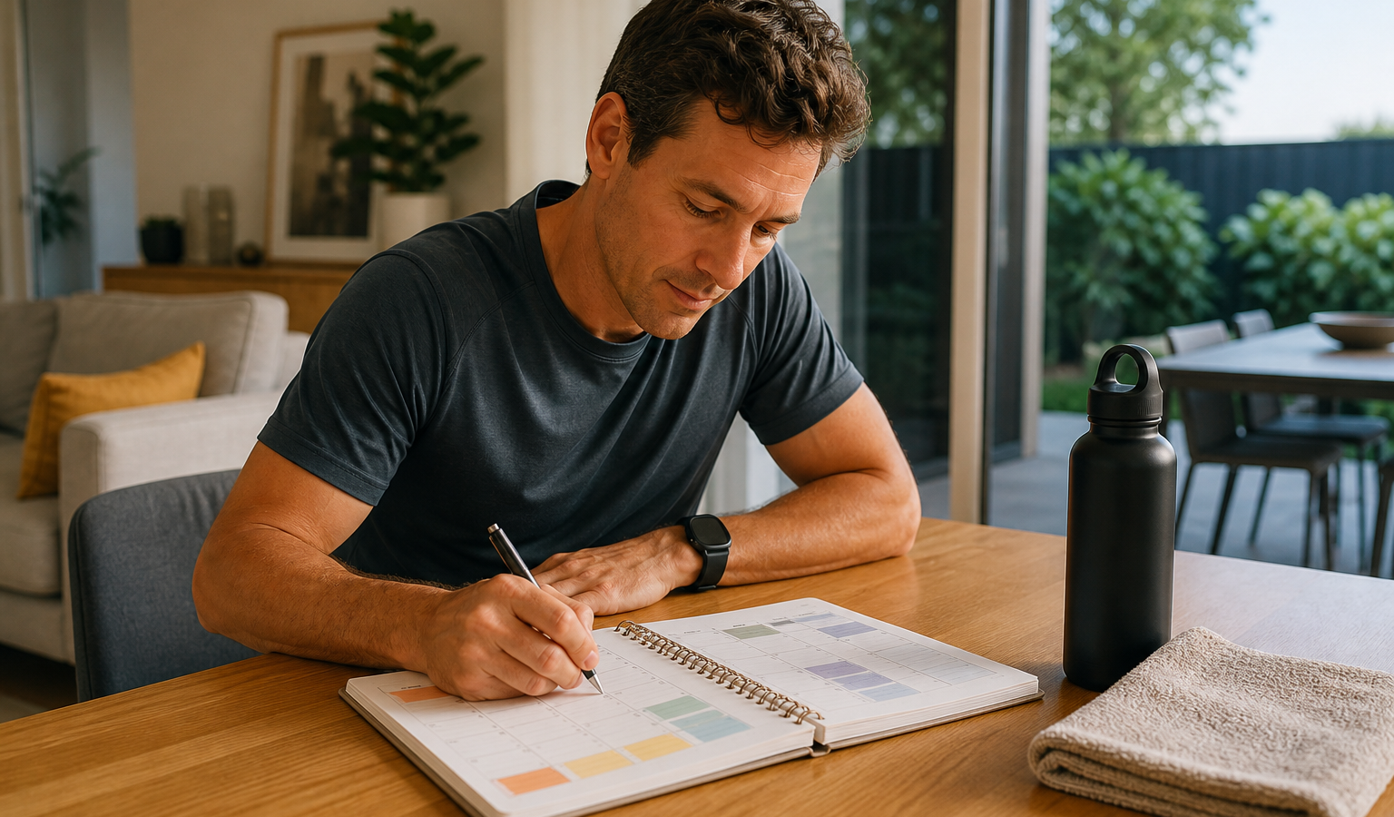 Runner planning a flexible weekly training schedule at a kitchen table