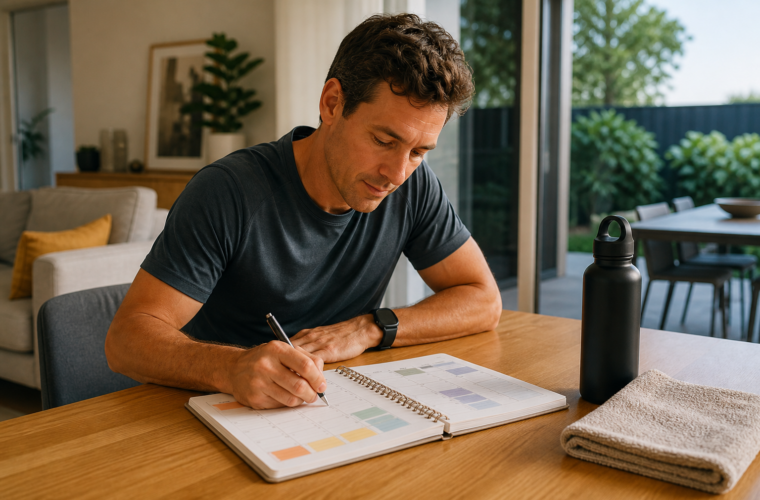 Runner planning a flexible weekly training schedule at a kitchen table