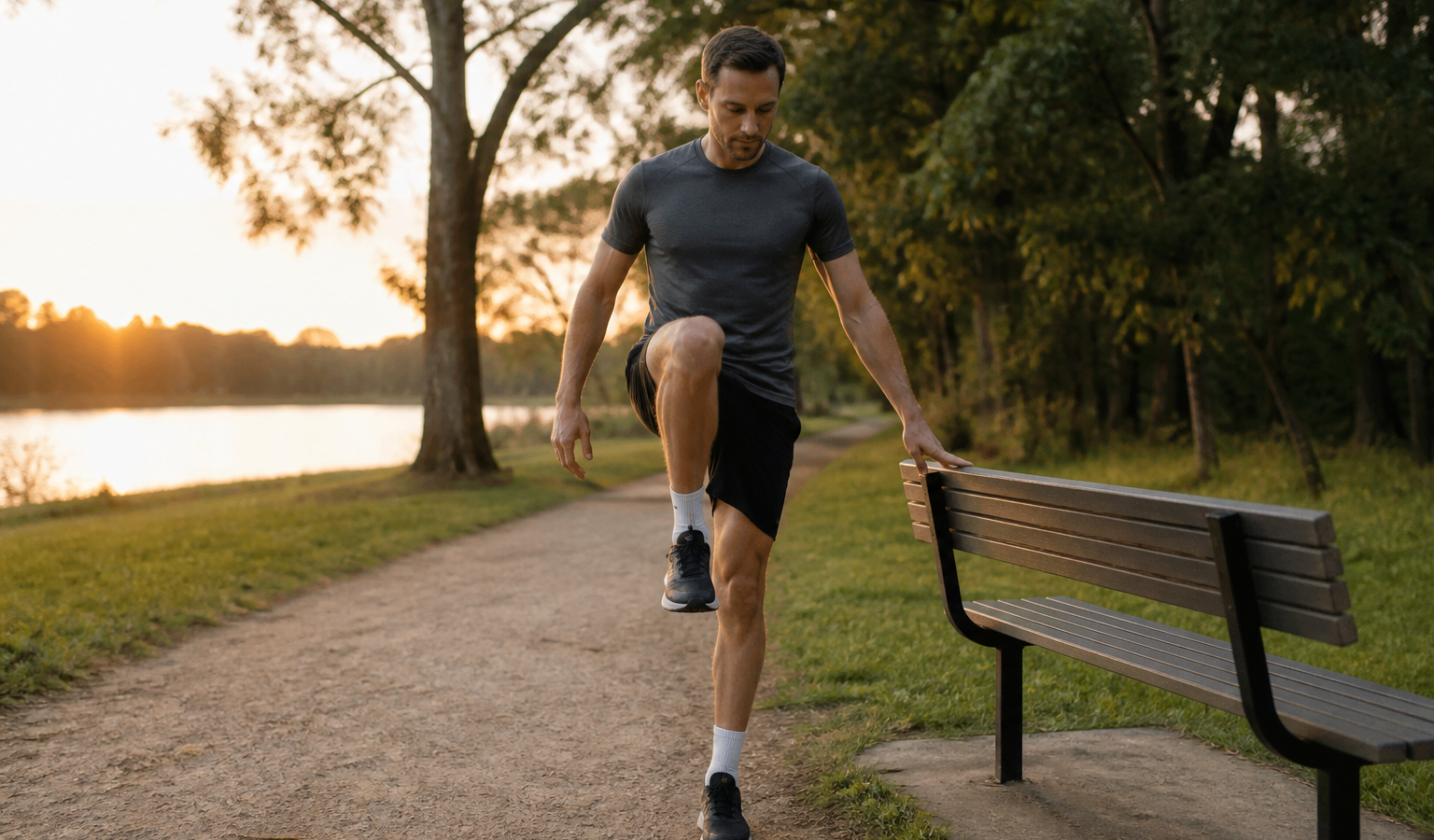 Runner performing a supported standing hip mobility exercise beside a park bench