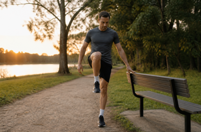 Runner performing a supported standing hip mobility exercise beside a park bench