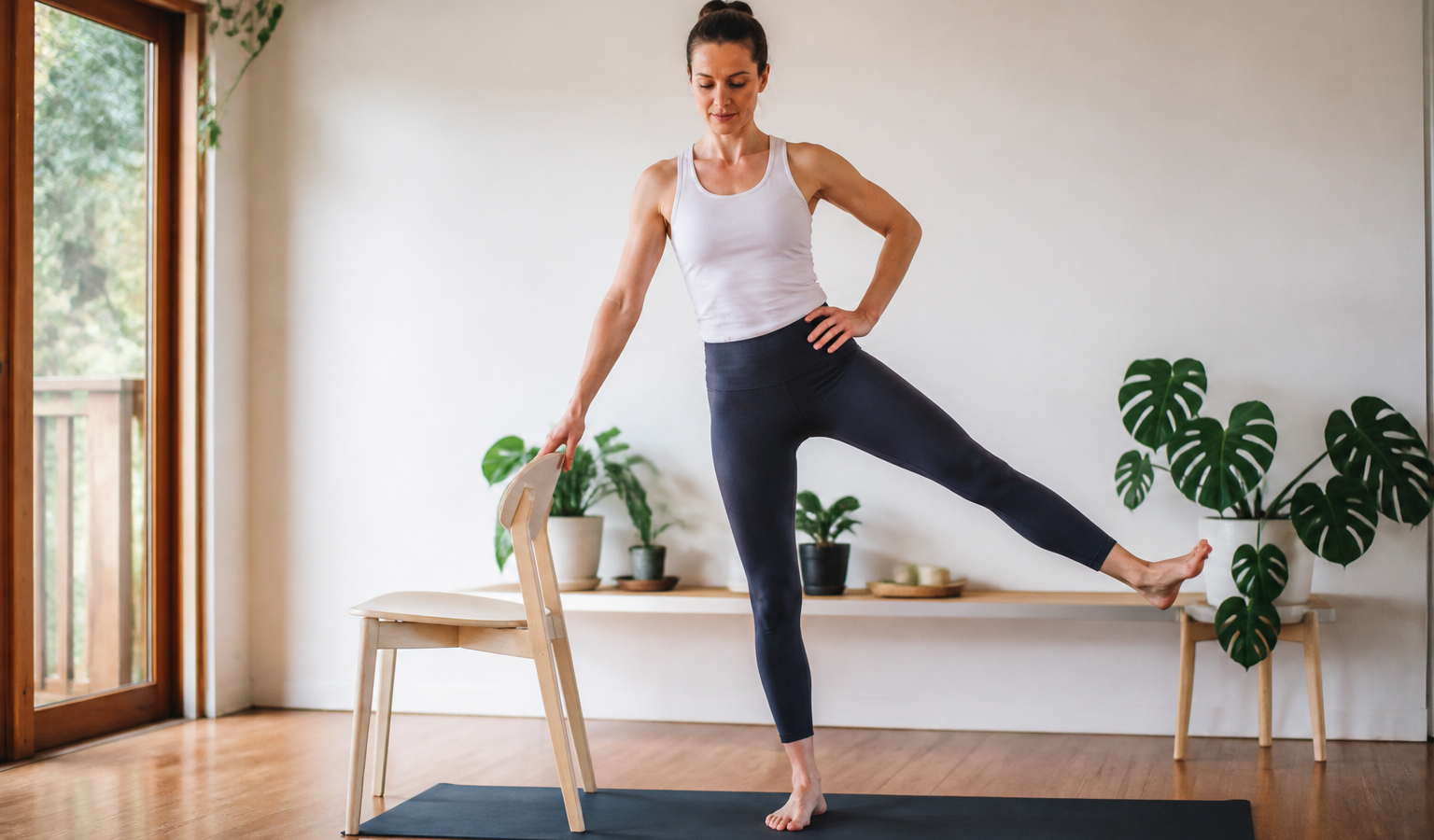 Runner performing a supported Pilates balance exercise for foot ankle and hip control
