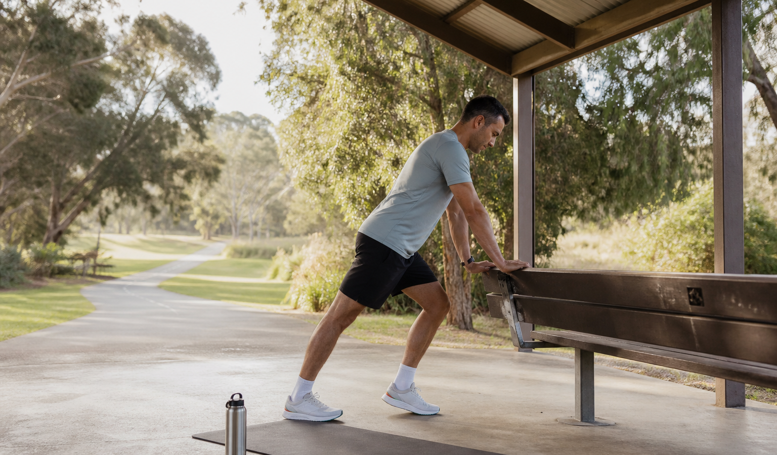 Runner performing supported calf and ankle mobility beside a park bench