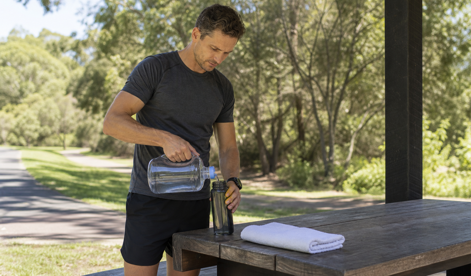 Runner preparing a reusable water bottle before a daytime run