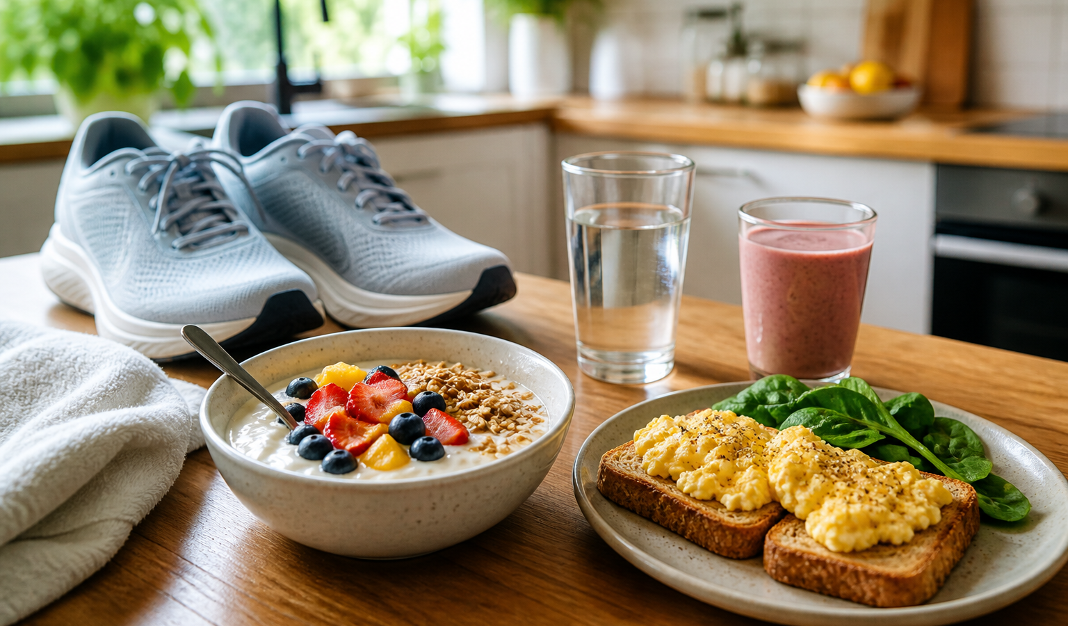 Balanced post-run meal with yoghurt, fruit, eggs, toast, water and smoothie