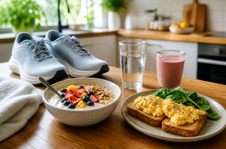 Balanced post-run meal with yoghurt, fruit, eggs, toast, water and smoothie