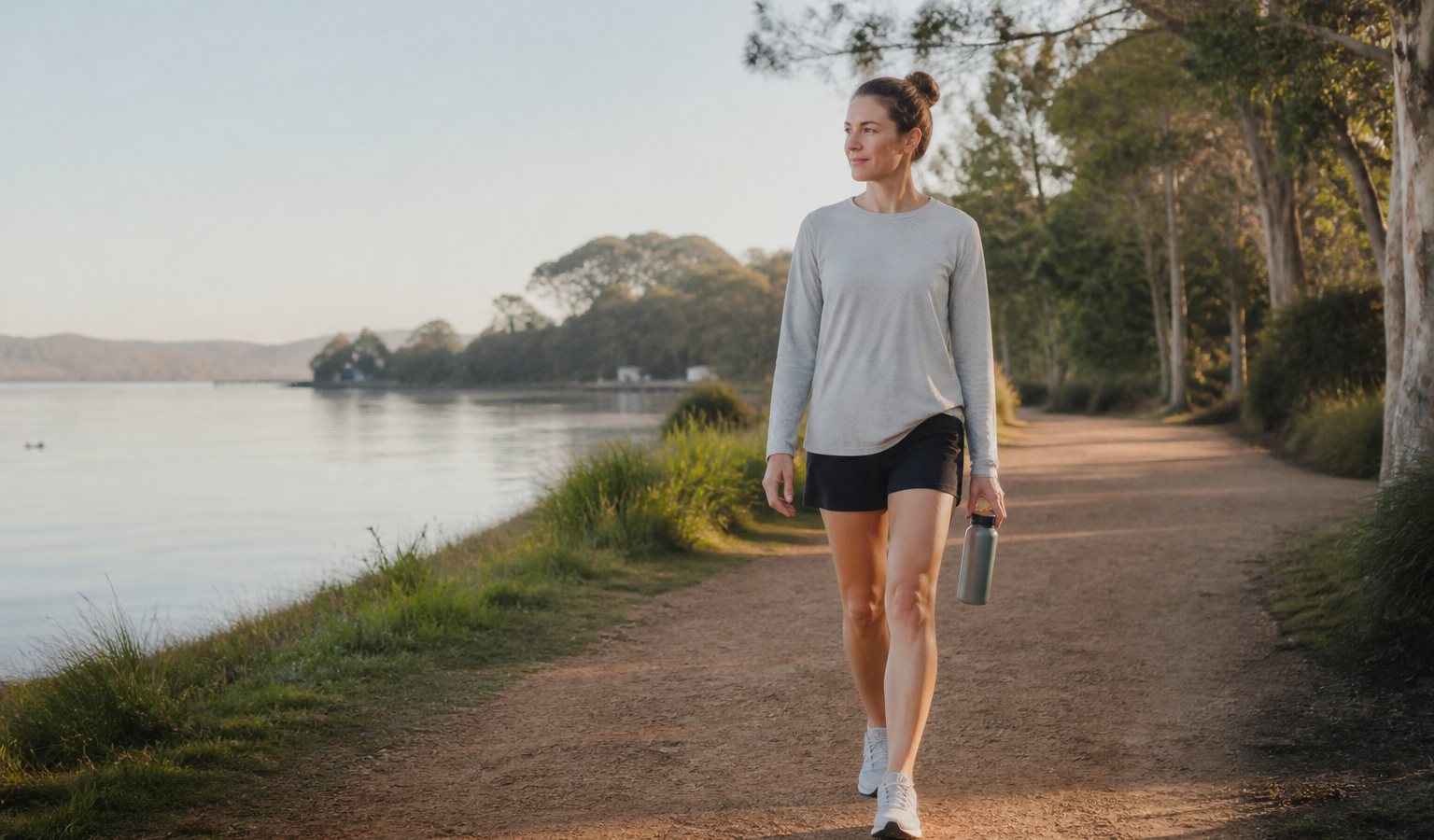 Runner taking a gentle recovery walk beside a calm Australian waterway