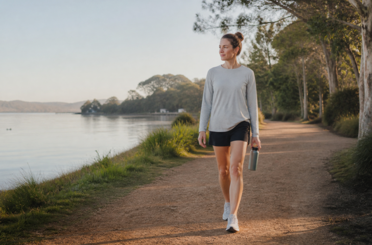 Runner taking a gentle recovery walk beside a calm Australian waterway