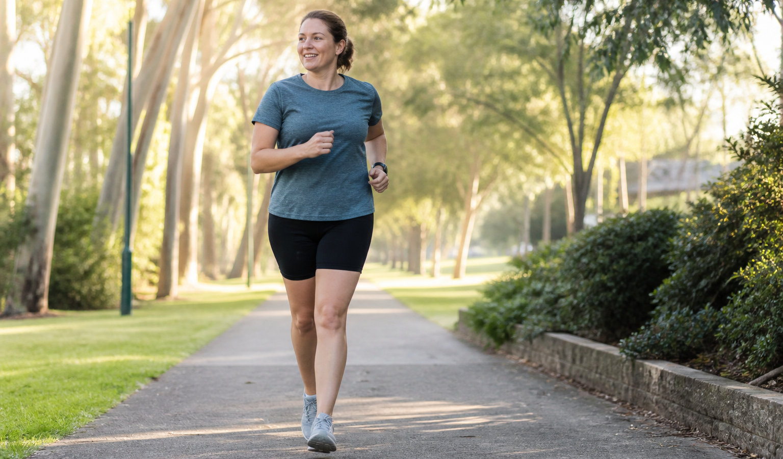 Runner completing an easy walk-run session on a flat Australian park path