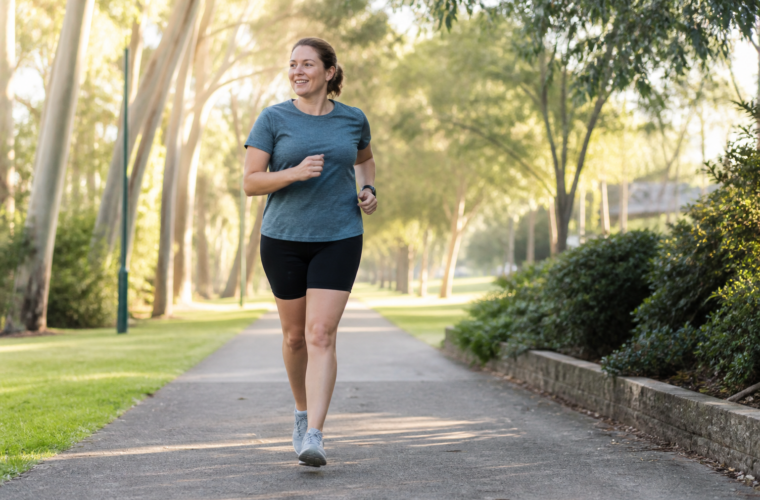 Runner completing an easy walk-run session on a flat Australian park path