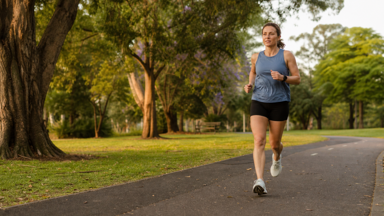 Recreational runner completing a progressive 10K training session on a leafy park path