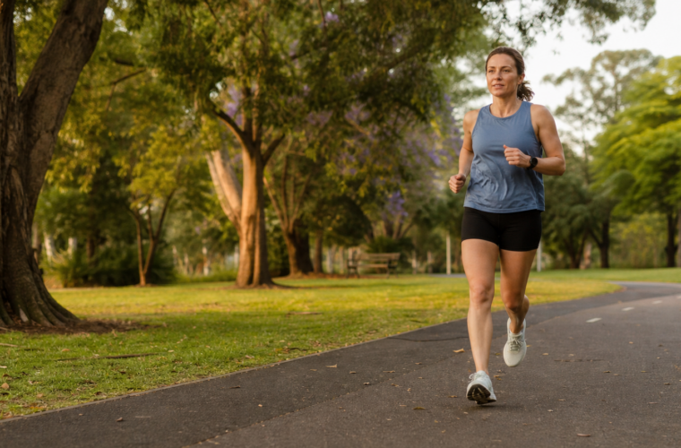 Recreational runner completing a progressive 10K training session on a leafy park path