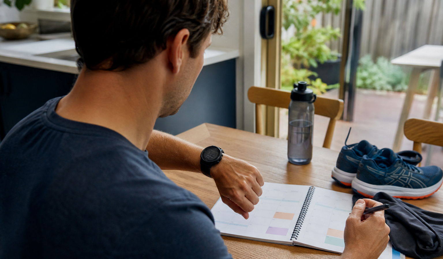 Runner reviewing a weekly training calendar and running watch at a kitchen table