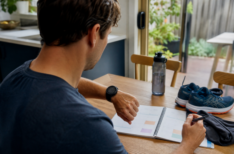 Runner reviewing a weekly training calendar and running watch at a kitchen table