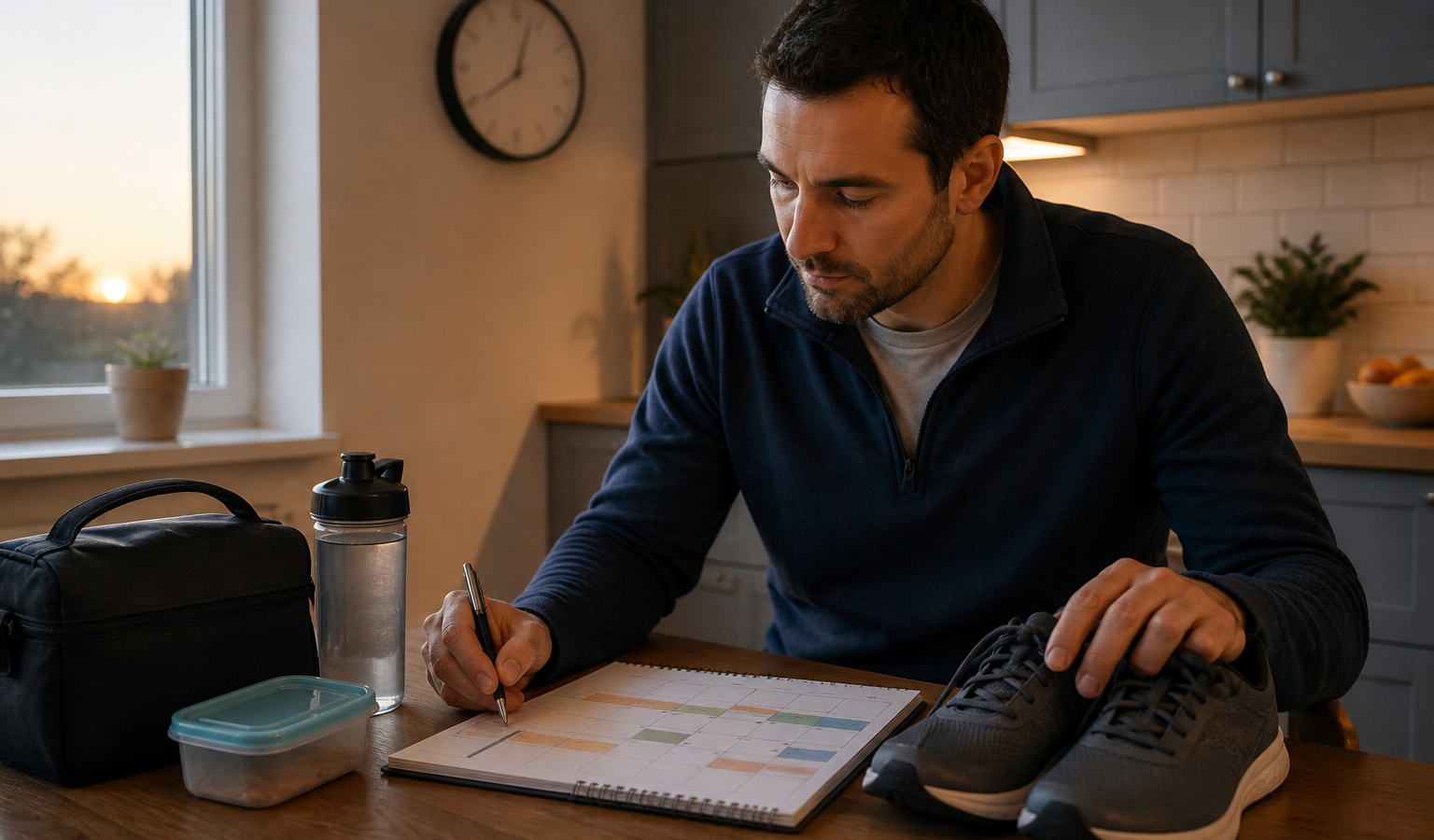 Shift worker planning a flexible running week at a kitchen table