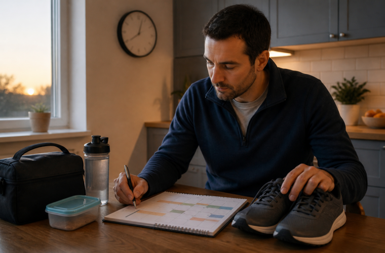 Shift worker planning a flexible running week at a kitchen table