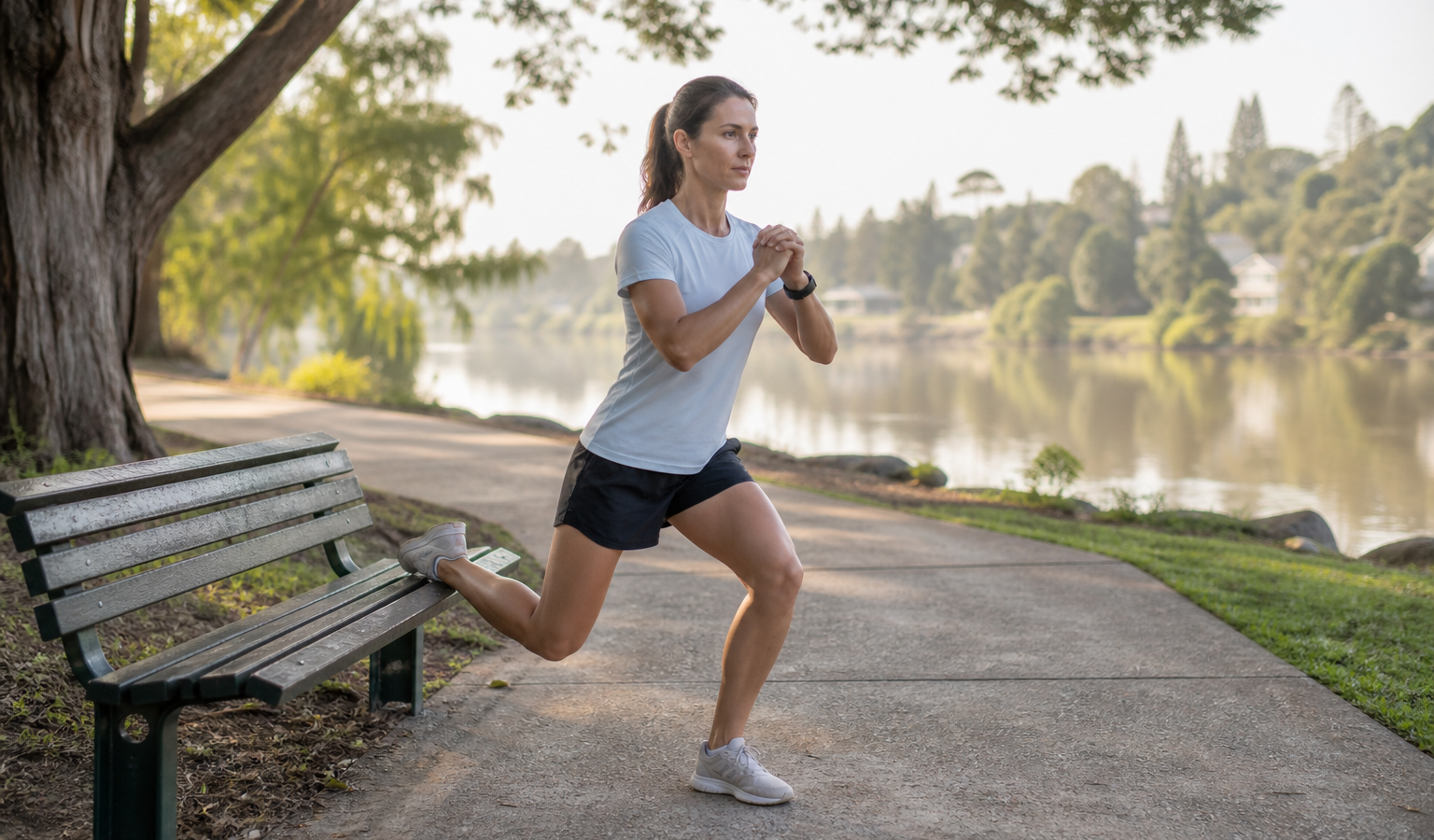 Runner performing a supported single-leg strength exercise beside a park bench
