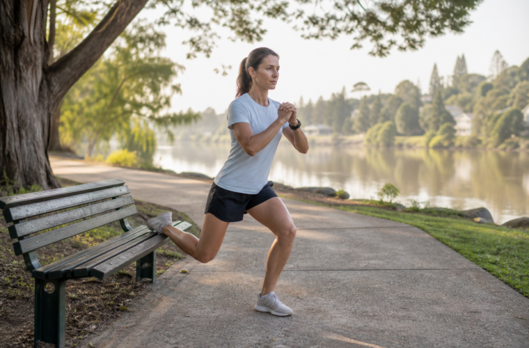 Runner performing a supported single-leg strength exercise beside a park bench