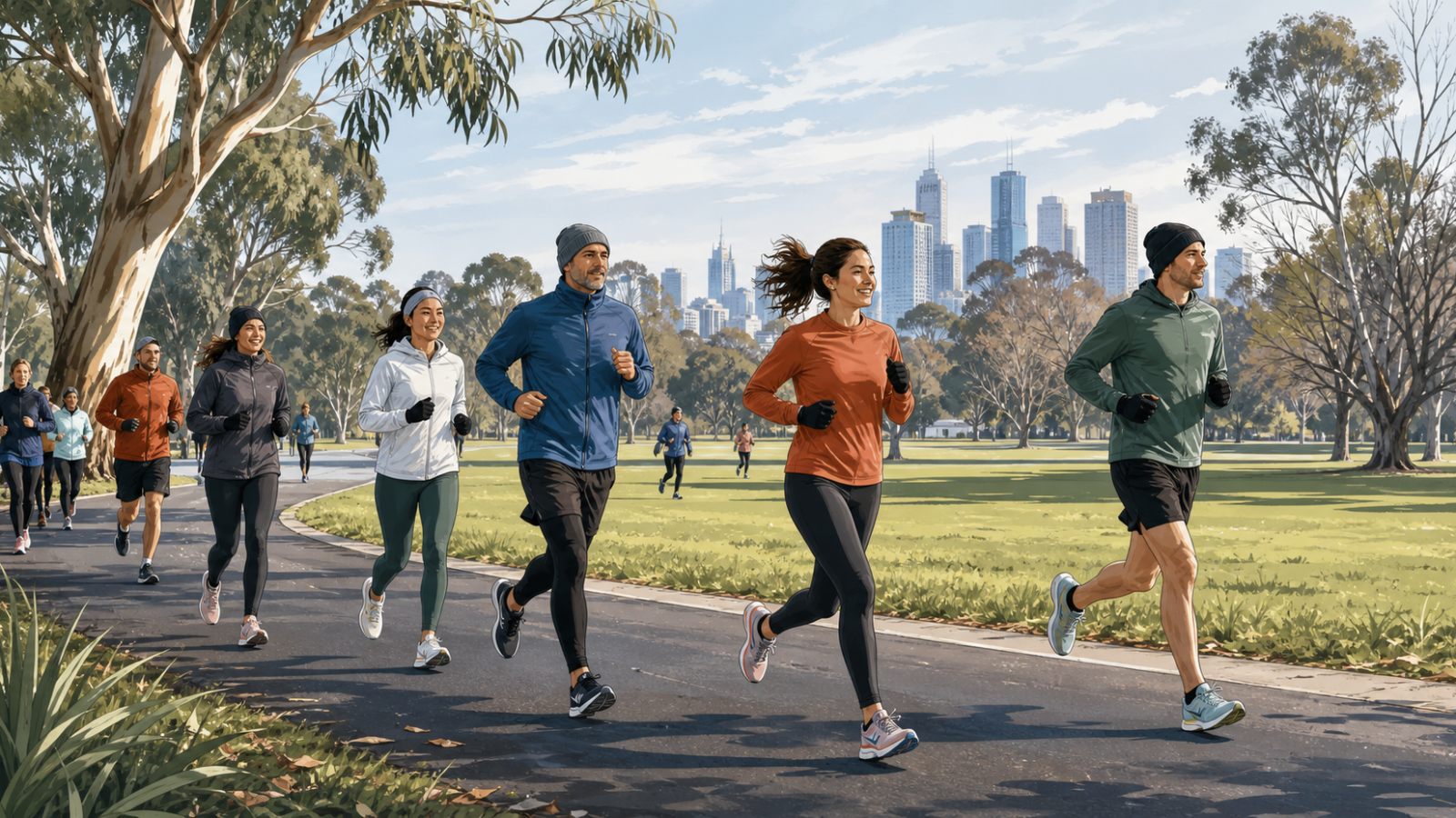 Original editorial illustration of runners on a Melbourne park circuit on a cool winter morning