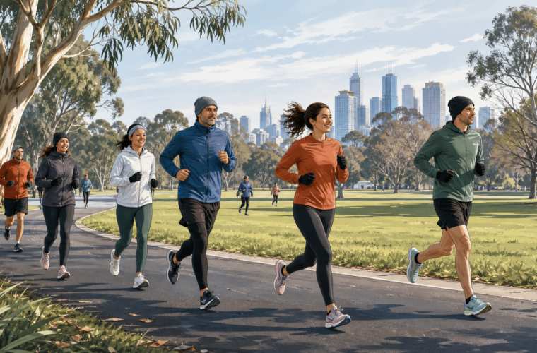 Original editorial illustration of runners on a Melbourne park circuit on a cool winter morning
