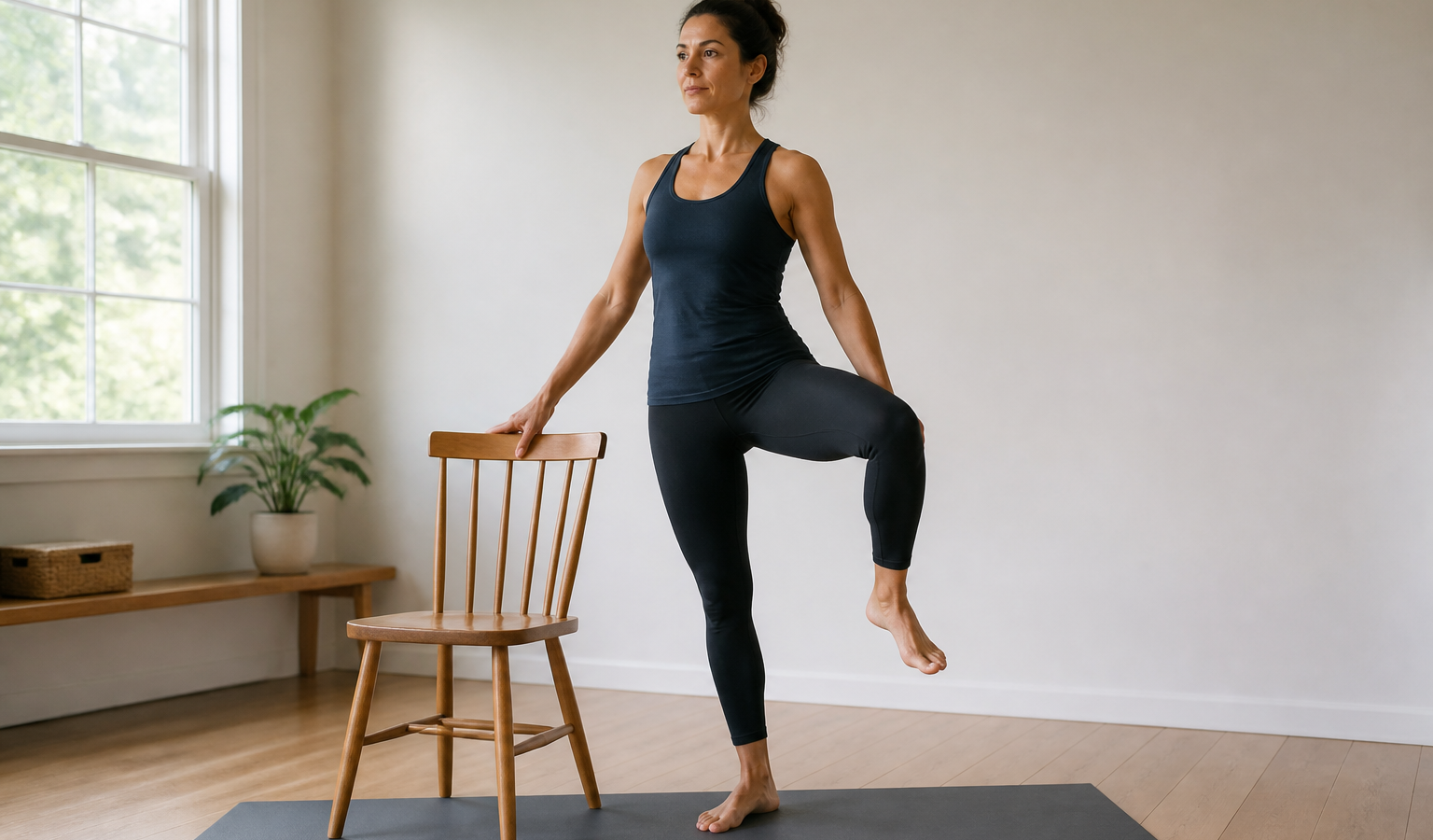 Runner performing a supported standing yoga balance pose beside a chair