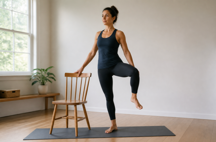 Runner performing a supported standing yoga balance pose beside a chair