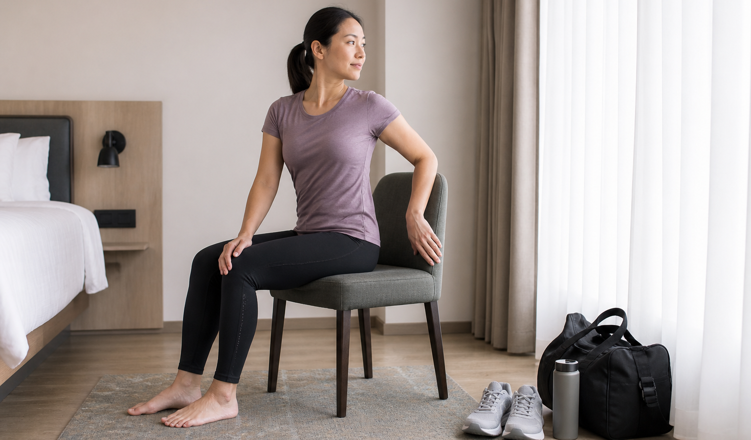 Runner performing a gentle seated chair-yoga twist during a travel day