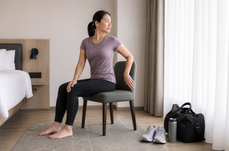 Runner performing a gentle seated chair-yoga twist during a travel day