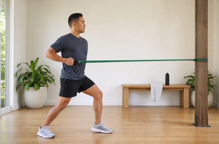 Illustrative runner completing a controlled strength session; not a photograph of a specific athlete.