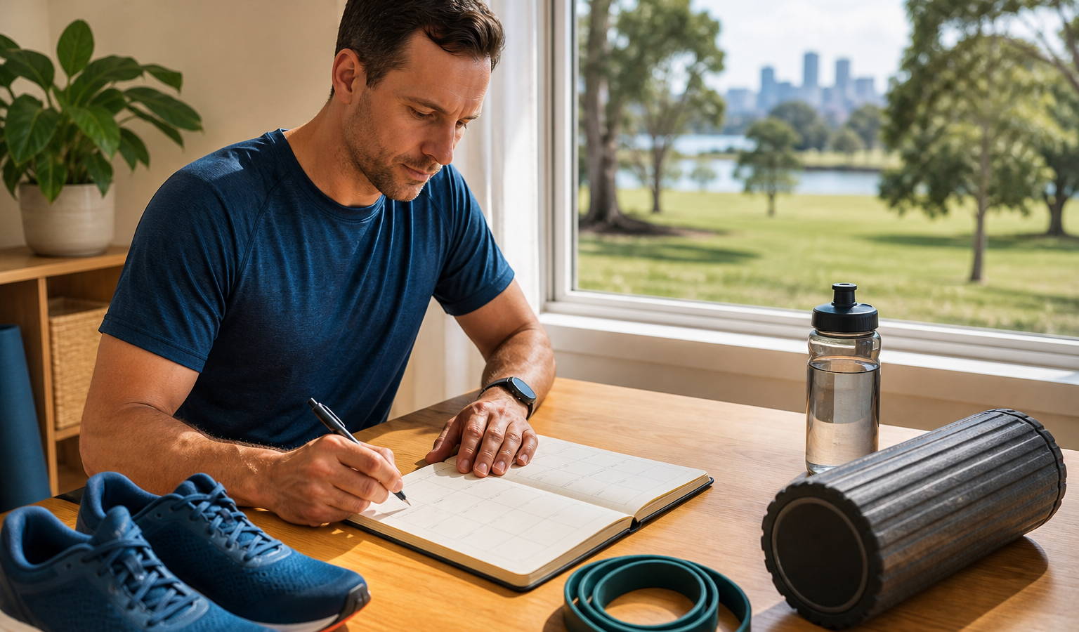 Runner planning a weekly schedule beside running and recovery equipment