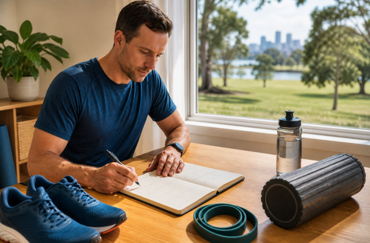 Runner planning a weekly schedule beside running and recovery equipment